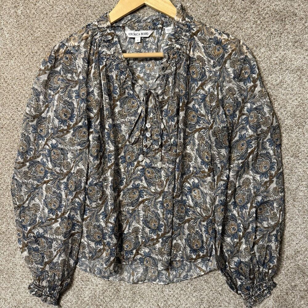Veronica Beard Hickory Print Tie Neck Silk Blend Shirt Size 0